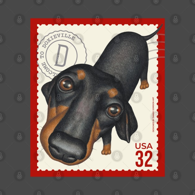 Funny dachshund looking  innocently on red trim stamp by Danny Gordon Art