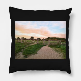 Gate and Golden sunset on the hill painting Pillow