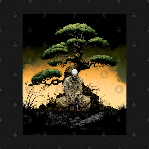 Tranquility in Chaos: Meditating Under the Japanese Bonsai Tree on a Dark Background by Puff Sumo