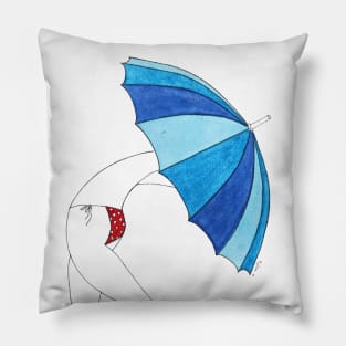 Umbrella Woman n3 by Natasha Kolton · blue tones and white dots red bikini beach girl · simple drawing Pillow