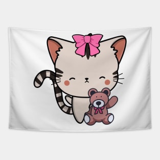 Cute tabby cat holds a teddy bear Tapestry