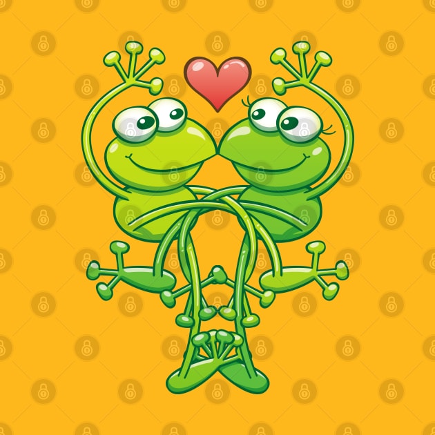 Sweet couple of green frogs intertwining their arms and legs while madly falling in love by zooco