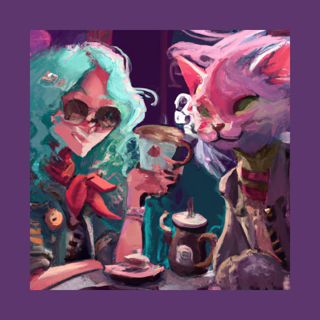 Blue Haired Girl and Fancy Cat Share Tea at a Cafe by Star Scrunch