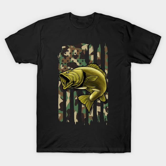 Camo American Flag Bass Fishing Gift Camouflage Fish Fishing T-Shirt