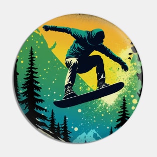 Snowboarder Catching Air with Mountains Trees Snowboarding Pin