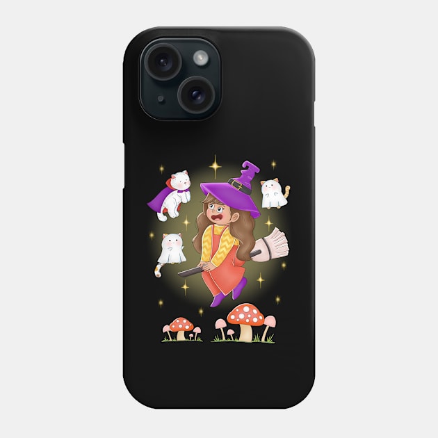 Cute Girl Flying With Cat Dracula And Ghosts Phone Case by Athikan