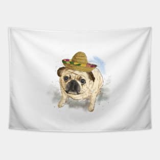 Pet portrait of Pug dog wearing Mexican hat. Watercolor painting Tapestry