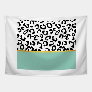 Black and white leopard print on mint, golden lining Tapestry