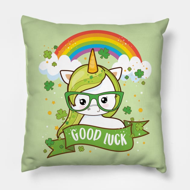 Kawaii Good Luck Rainbow St Patricks Day Unicorn Pillow by Irene Koh Studio