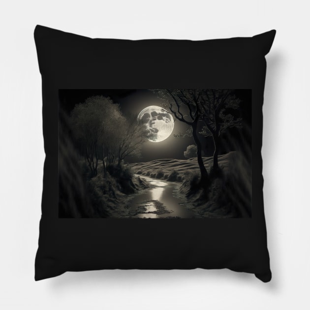 Full moon reflects over a wide tranquil serene river. Pillow by UmagineArts