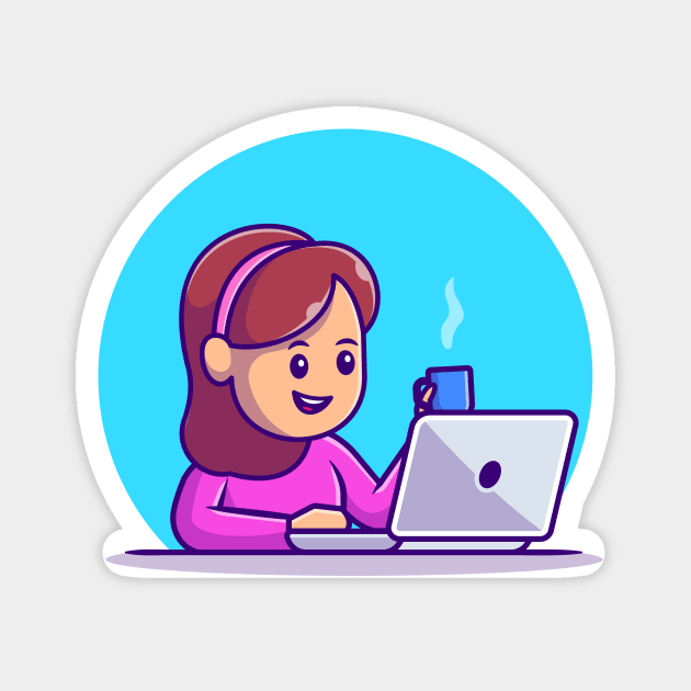 Cute Girl Working On Laptop With Cup Coffee Magnet by Catalyst Labs