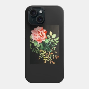 Pink rose watercolor painting with rose leaves and a dark background Phone Case