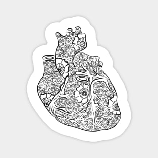 Floral Anatomical Heart Line Drawing (Black and White) Magnet