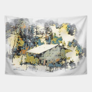 Abstract Landscape Scenery Painting Light Forest Hut Tapestry