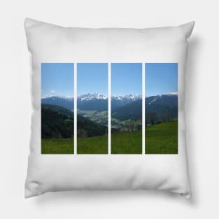 A great view of the Dolomites from a hill over the valley in South Tyrol. Lovely and relaxing place in the Italian Alps. Flowering fields and snowed mountains.. Sunny spring day. Pillow