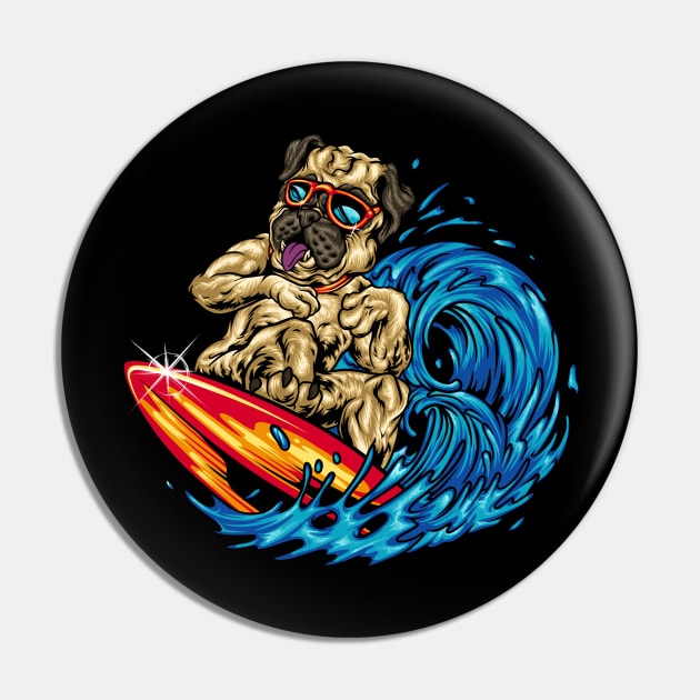 Funny Surfing Pug Riding an Ocean Wave Dog Surfboard Pin by Proficient Tees