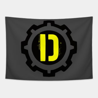 A Yellow Letter D in a Black Industrial Cog Tapestry