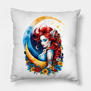 Moonlit Muse: Enchanting Red-Haired Girl Illustration Pillow