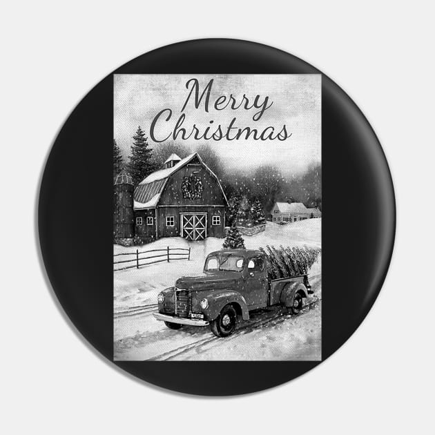 Black and white vintage car movie style Merry Christmas Pin by LukjanovArt