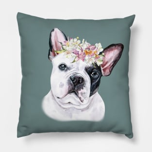 Cute French Bulldog with Pink Flower Hair Wreath Illustration Art Pillow