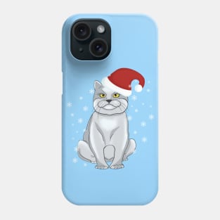 Christmas cat. Santa cat on a blue background with snowflakes. Phone Case