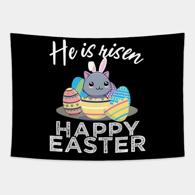 Cute Cat Bunny Ears Easter Egg Hunt Risen Bible Tapestry by alltheprints