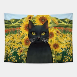 Black cat in a sunflower garden Tapestry