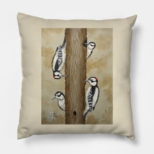 Downy woodpeckers in the forest Pillow