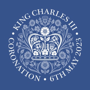 King Charles III Official Coronation Emblem white on blue T-Shirt