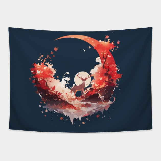 Peaceful deer in autumn momiji moon scene Tapestry by Myanko