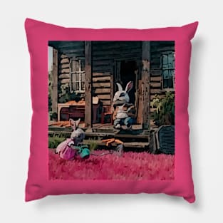 watercolor rabbit watering pink yard Pillow