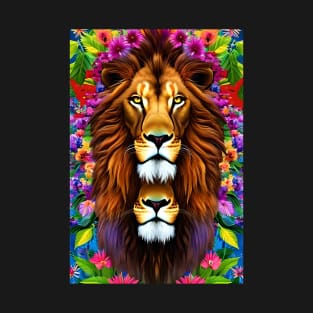 Colorful Lion with flowers surrealist impressionist style Chambala paradise T-Shirt