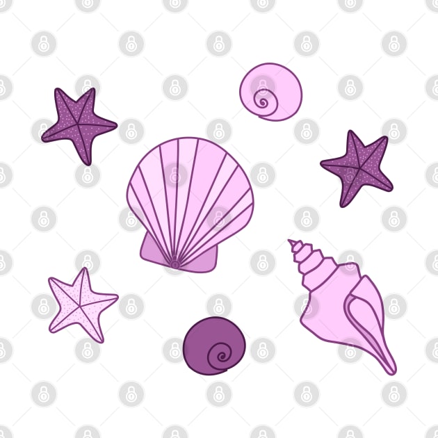 Pink and Purple Cartoon Seashells and Starfish Pattern, made by EndlessEmporium by EndlessEmporium