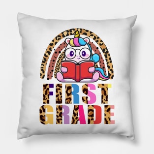 First Grade Rainbow Leopard Funny Unicorn Teacher Student School Pillow