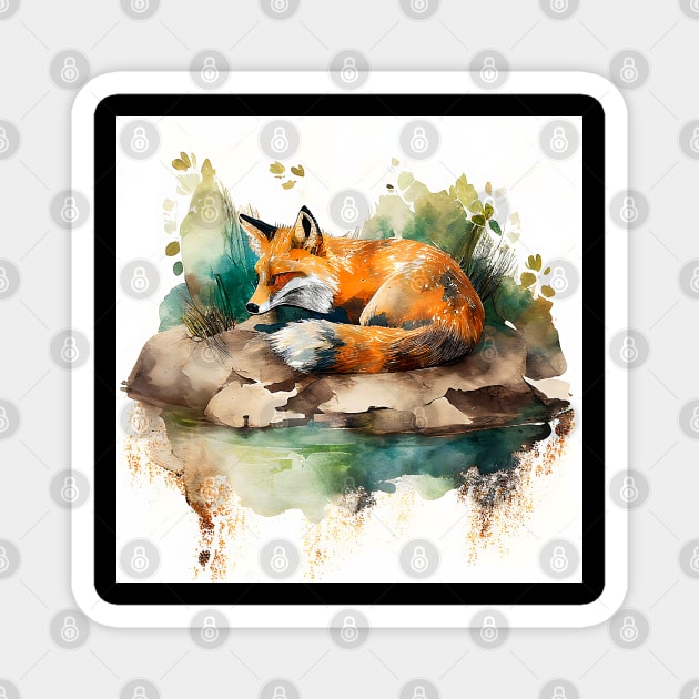 Sleepy Red Fox Watercolor Magnet by The Art Mage