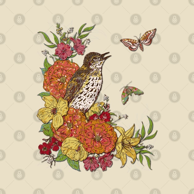 Vintage Song Thrush by lottibrown