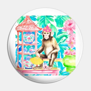 Preppy monkey with yellow fan in chinoiserie interior Pin