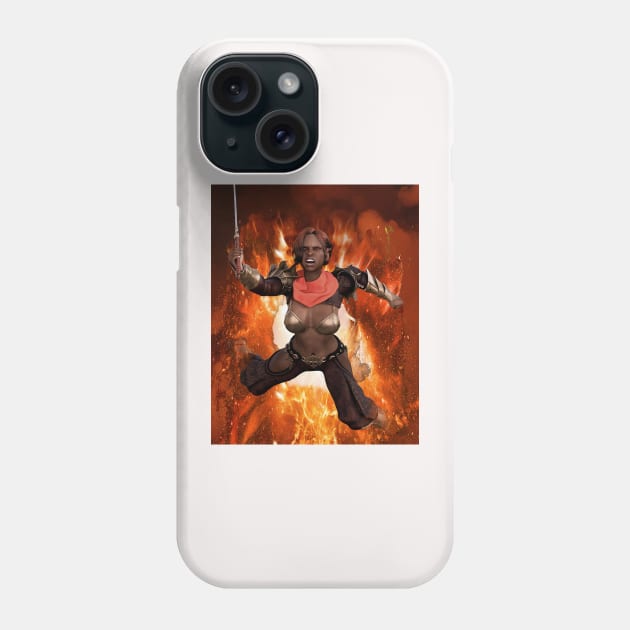 Warrior woman girl princess leaping from flames sword and armor Phone Case by Fantasyart123