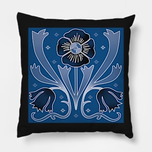 Art Nouveau flower pattern on blue Pillow