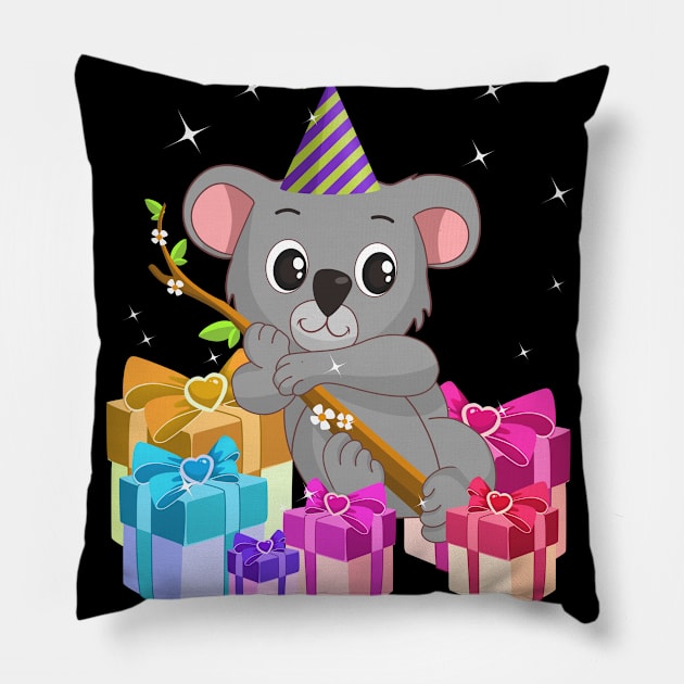 Koala Bear Hugging Tree With Birthday Hat Gift Idea Pillow by TheBeardComic