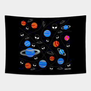 space planets and aliens in galaxy adventure ecopop wallpaper Tapestry