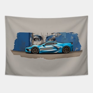 Rapid Blue C8 Corvette Stingray Supercar in front of a wall of graffiti with blue eyes looking back at you Sports car American Muscle car race car Tapestry