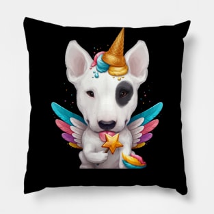 White Bull Terrier with Black Eye Patch Ice Cream Unicorn Pillow