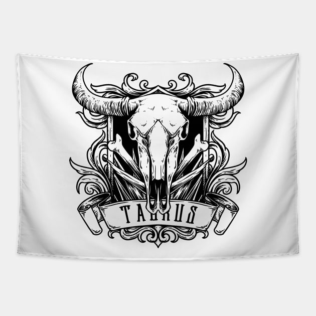 Zodiac Taurus ,Skull Animal Tapestry by Merilinwitch