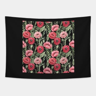 Watercolor Light Green Leaves, Red and Pink Poppies Tapestry