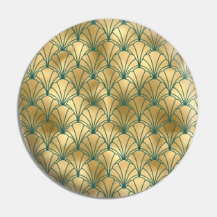 Teal and Gold Vintage Art Deco Scallop Shell Pattern Pin