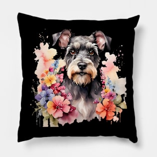 A schnauzer dog decorated with beautiful watercolor flowers Pillow