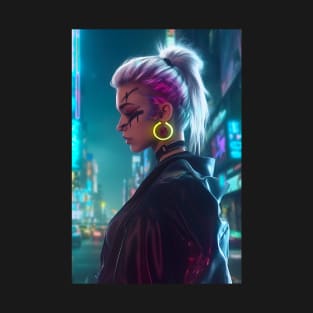 Cyberpunk Girl in Neon Tokyo, a Gaming Room Wall Art T-Shirt