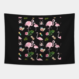 Watercolor Pink Flamingo + Tropical Foliage Pattern Tapestry