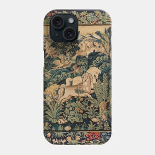 FANTASTIC ANIMALS AND HORSES IN WOODLAND Blue Green Ivory Antique French Tapestry Phone Case